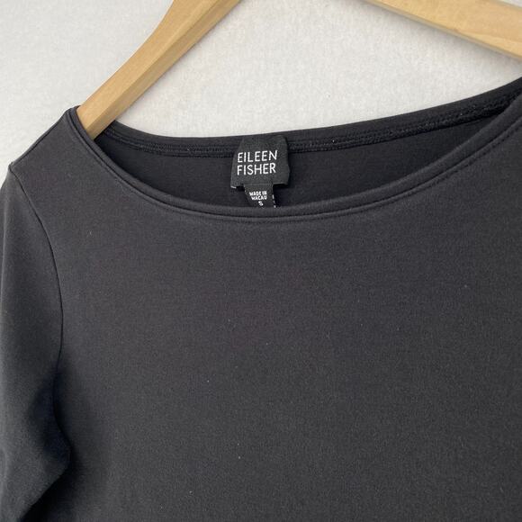 EILEEN FISHER Top S Cotton Interlock Jersey Boat Neck 3/4 Sleeve Black - Picture 2 of 12